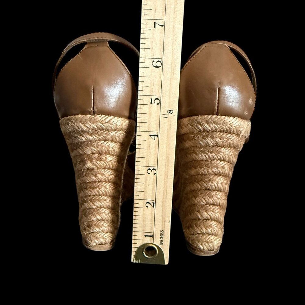 Burberry Brown Leather Novacheck Canvas Buckle Detail Peep Toe Espadrille Wedge - Picture 3 of 16